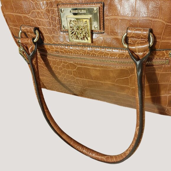 Anne Klein New York Satchel Shoulder Handbag Crocodile Embossed Logo Tote Brown - Picture 9 of 11